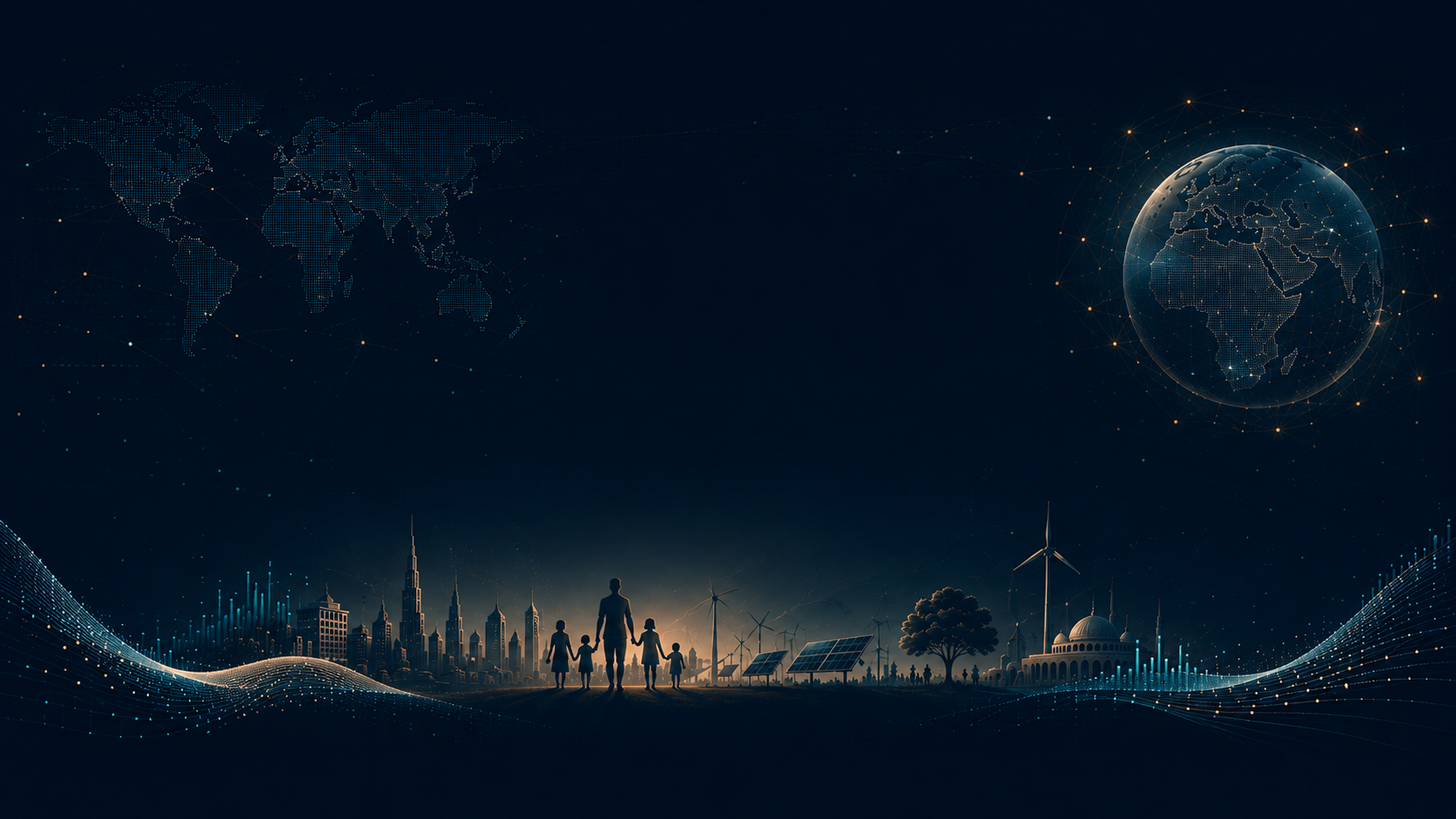 TRENDS Observatory — global data map, connected globe over Africa and Europe, and a family walking toward a lit city skyline with wind turbines and solar panels
