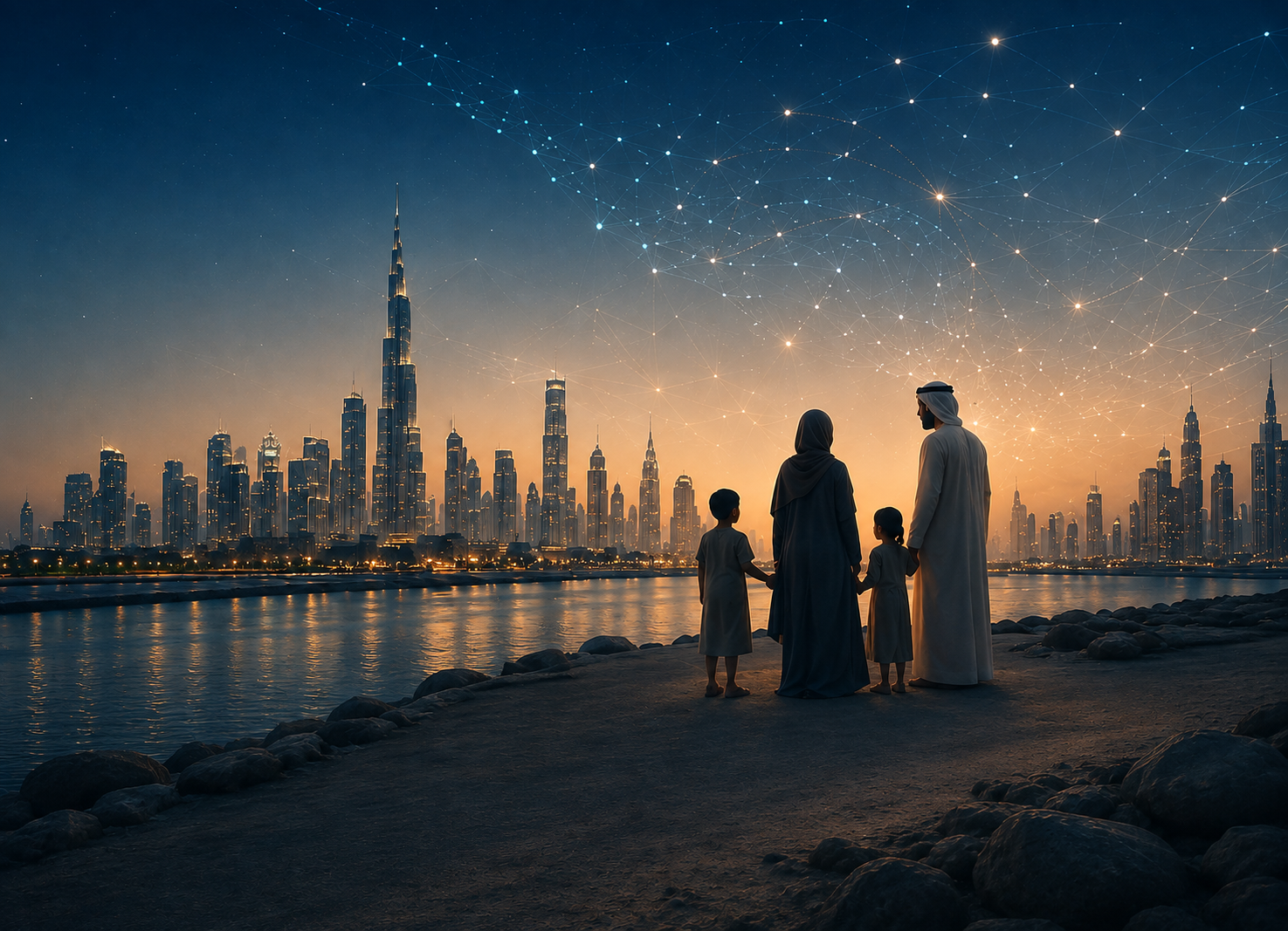 Emirati family looking at the Dubai skyline, representing society and the future